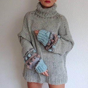 Pearl gray pure merino wool sweater Loose knit long slouchy oversized sweater Turtleneck women&#39;s sweater tunic pullover Made to order