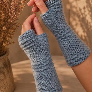 Hand Knit Sea Blue Fingerless Gloves, Merino Cotton Blend Comfy Wrist Warmers