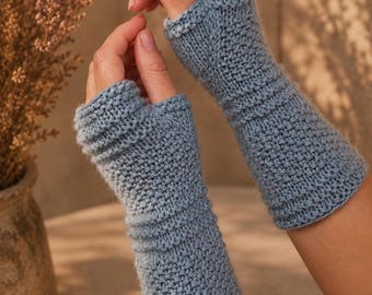 Hand Knit Sea Blue Fingerless Gloves, Merino Cotton Blend Comfy Wrist Warmers