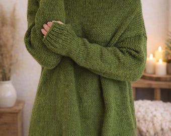 Handmade Cozy Oversized Sweater Loose Knit Jumper Off Shoulder Olive Green Pullover Alpaca Wool