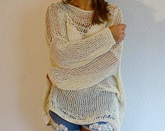 Off White Loose Knit Sweater | Oversized Mesh Tunic Top