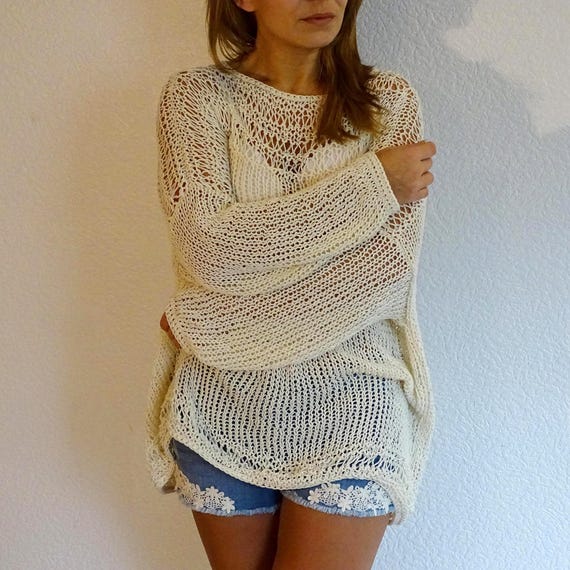 【YOURNUS】Dry Beach See-Through Knit Off White Loose Knit Sweater | Mesh Tunic Top | See-through