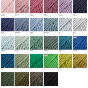 May include: A color chart of yarn samples in various shades of pink, blue, green, and gray. The yarn is arranged in rows and columns, with each sample labeled with a color name and number.