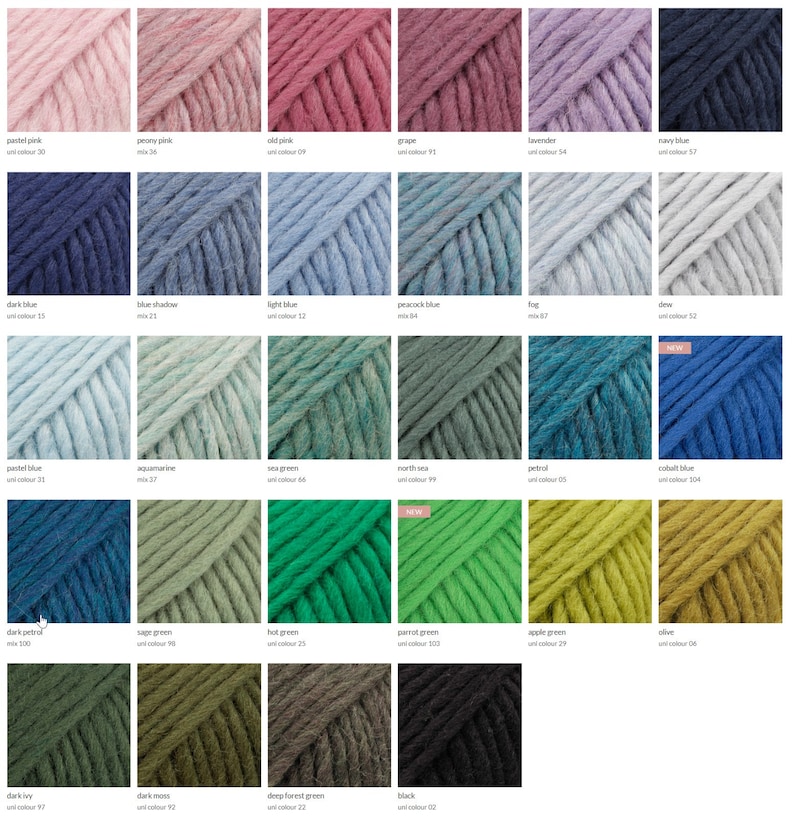 May include: A color chart of yarn samples in various shades of pink, blue, green, and gray. The yarn is arranged in rows and columns, with each sample labeled with a color name and number.
