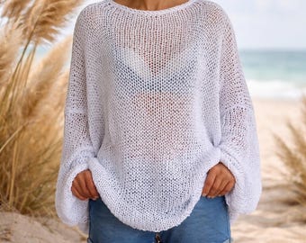 Hand Knit Cotton Mesh Sweater Women Oversized Loose Fits Beach Cover Up