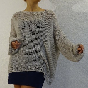Pearl gray loose knit sweater, Oversized women's sweater, Loose fit slouchy sweater jumper, Knit boho style tunic top sweater, Made to order