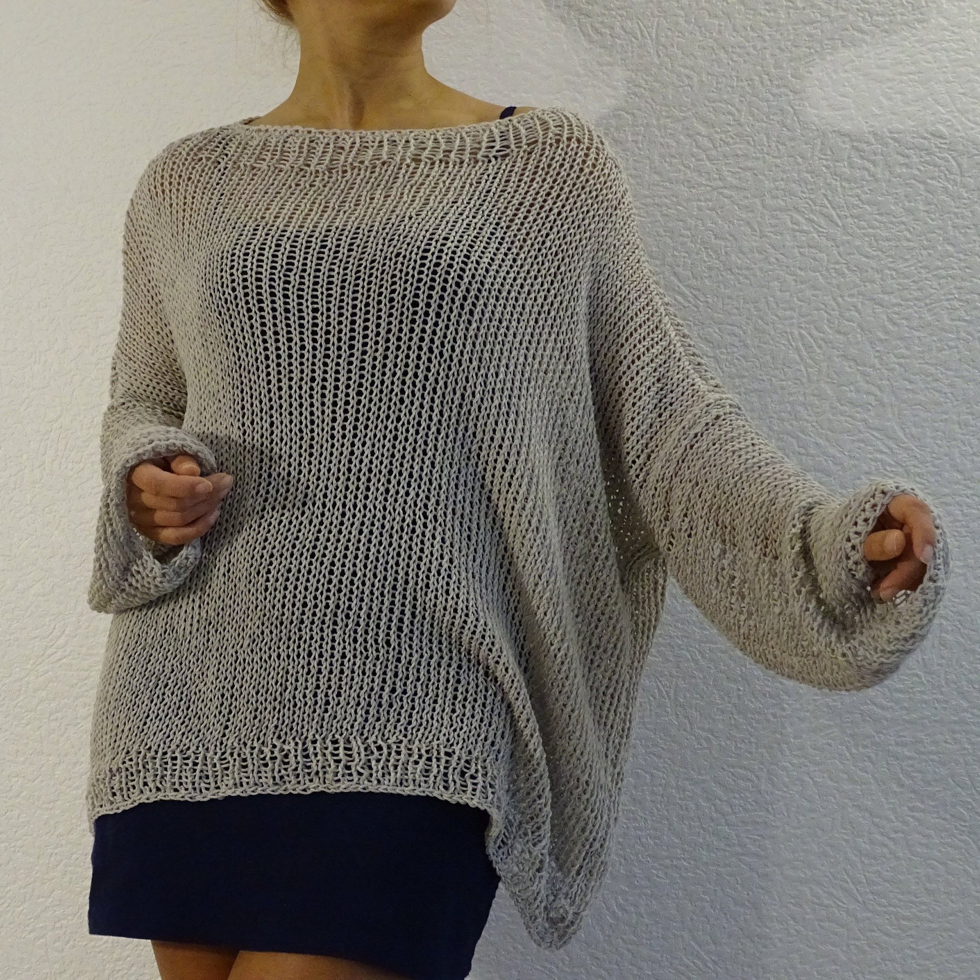 Pearl Gray Loose Knit Sweater, Oversized Women's Sweater