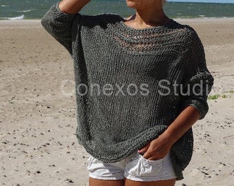Khaki Butterfly sweater, Boho style slouchy sweater, Loose fits summer sweater, Sheer mesh top, Oversized jumper, Organic cotton