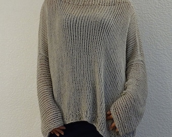 Pearl gray loose knit sweater, Oversized women's sweater, Loose fit slouchy sweater jumper, Knit boho style tunic top sweater, Made to order