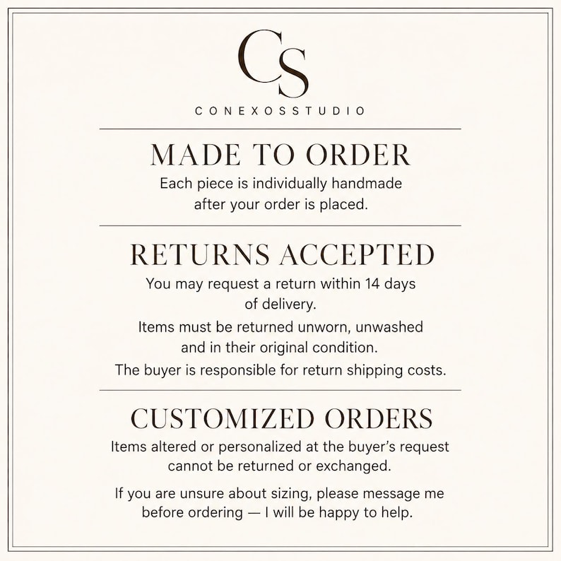 ConexosStudio made-to-order knitwear information card explaining 14-day returns, return condition requirements, sizing assistance, and exclusions for customized or personalized orders.