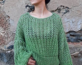 Green ribbed cropped mesh sweater, Loose knit long sleeves sweater, Boho slouchy oversized sweater, Knit sweater jumper, Made to order