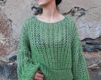 Hand Knitted Mohair Crop Sweater | Green Ribbed Pullover