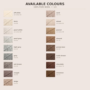 Pure wool colour palette with neutral, beige and brown yarn shades, including off white, pearl grey, beige, sand, almond and cinnamon.