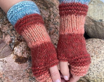 Guantes sin dedos de punto color óxido, calentadores de brazos de mezcla de lana y seda de alpaca