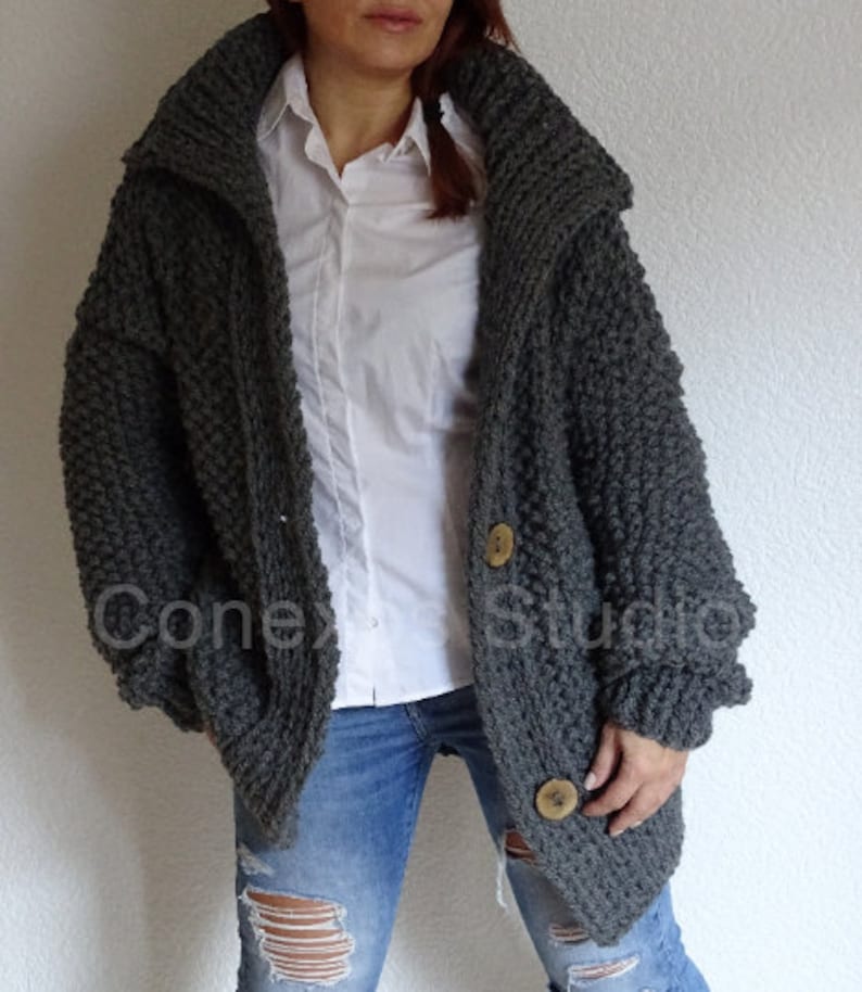 Dark gray chunky oversized knit cardigan, chunky slouchy knit, oversized knit, loose knit cardigan, oversized sweater, cozy slouchy cardigan image 2