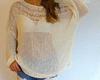 Off White Loose Knit Sweater | Oversized Mesh Tunic Top