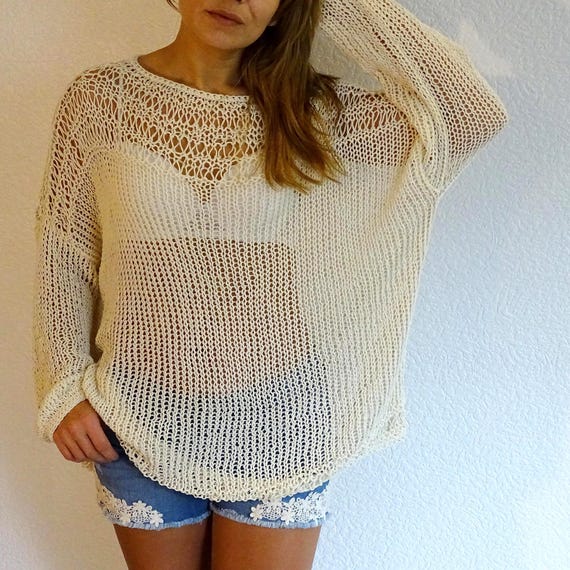 Off White Loose Knit Sweater | Mesh Tunic Top | See-through
