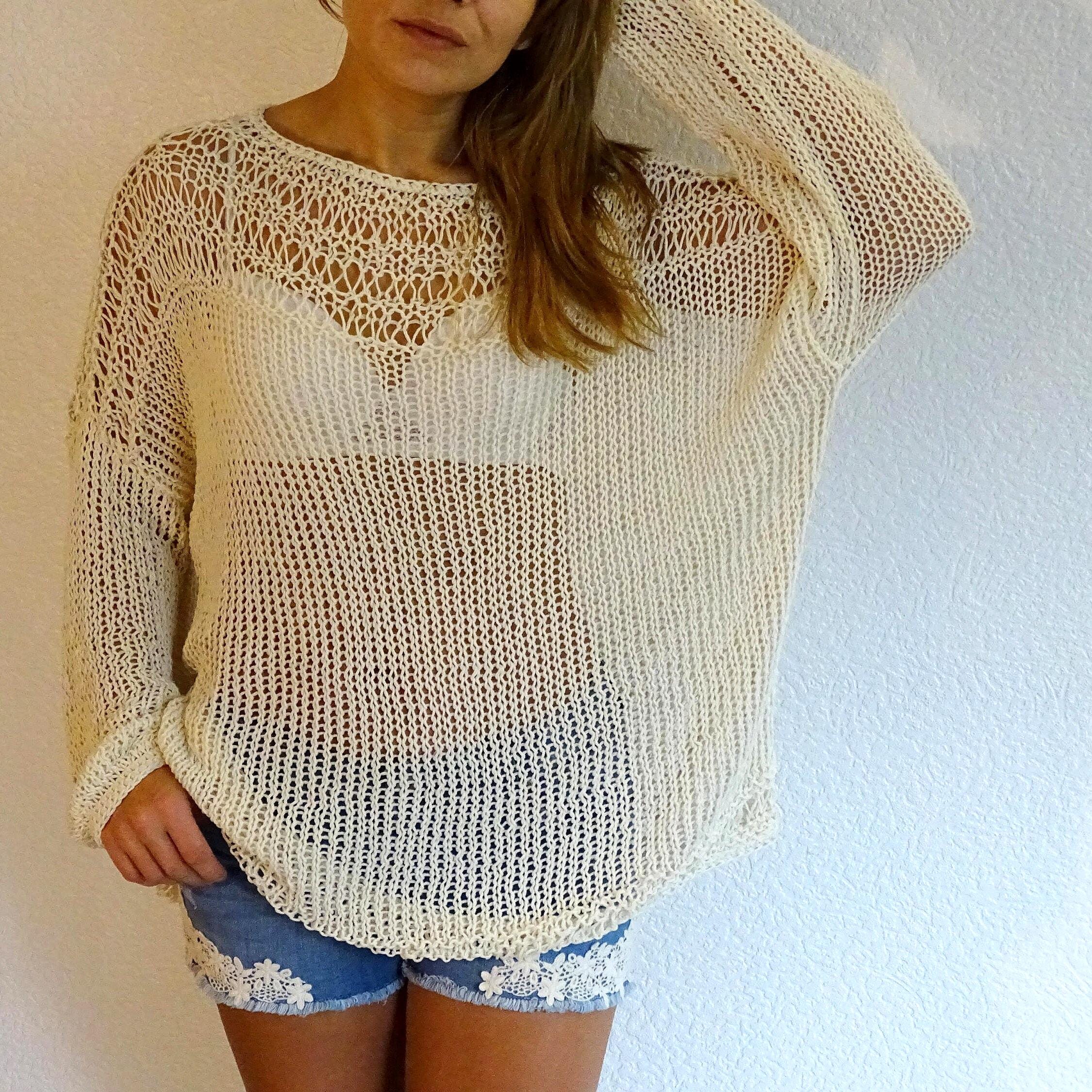 【U LAN】summer see-through belted overfit knitwear Off White Loose Knit Sweater | Oversized Mesh Tunic Top