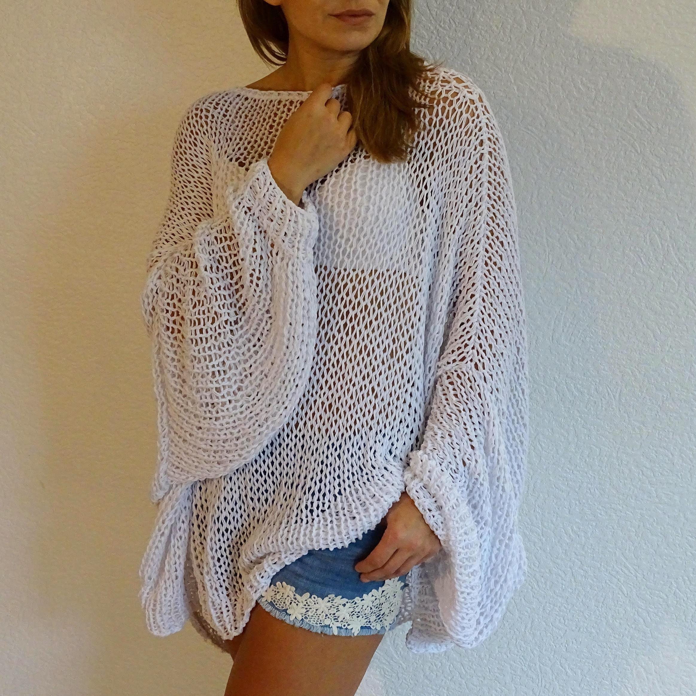 White Oversized Boho Sweater Hand Knit Cotton Summer Top