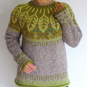 Leaves Touch chunky sweater, Pure merino wool, Fair isle yoke sweater, Norwegian icelandic scandinavian sweater pullover, Chunky sweater