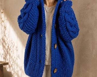 Royal Blue Chunky Knit Cardigan | Oversized Wool Alpaca Sweater | Cable Sleeve Cozy Jacket