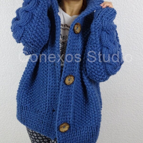 Royal blue chunky cardigan,  Braided cable knit sleeves, Alpaca natural wool, Loose fit cardigan sweater, Aran knit, Street style cardigan