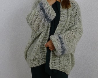 Sage green white knit chunky alpaca wool voluminous slouchy oversized loose fit women's casual bomber wrap sweater cardigan Made to order