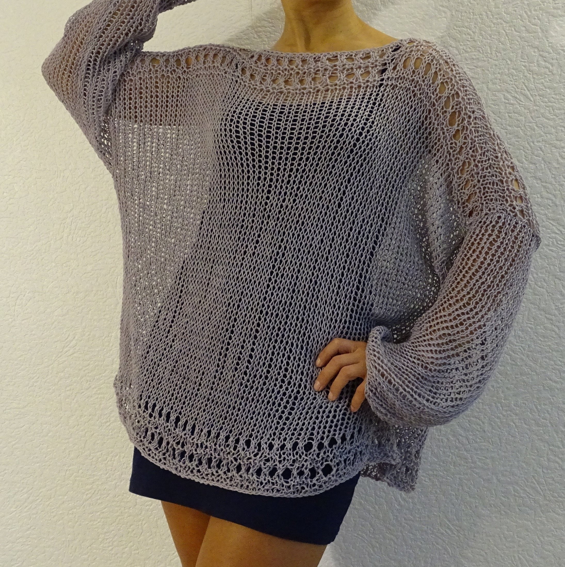Hand Knitted Cotton Sweater Loose Knit Mesh Pullover Slouchy