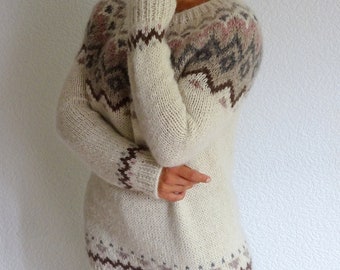 White Earth sweater, Designed Fair isle yoke pullover, Knit icelandic alpaca wool sweater, Hand knit sweater, Nordic Norwegian sweater