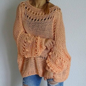 Peach sheer mesh sweater Boho style loose knit oversize sweater Loose fit slouchy sweater jumper Organic cotton summer sweater Made to order