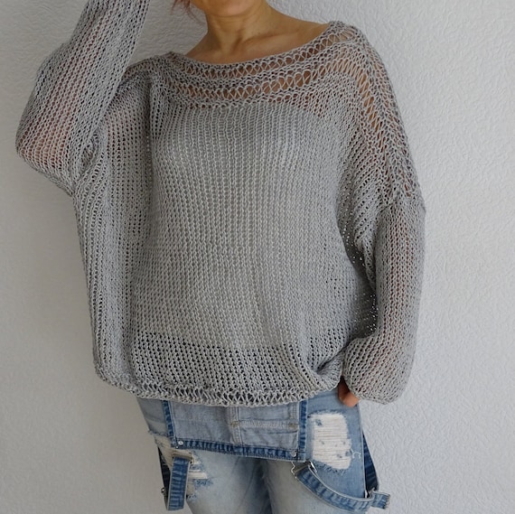 トップス OHOTORO loose summer knit Pearl Gray Sweater Tunic Loose Knit Oversized Fits Slouchy