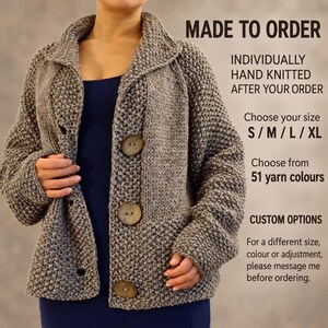 Made to order information for a hand knit wool cardigan available in sizes S to XL and 51 yarn colours.