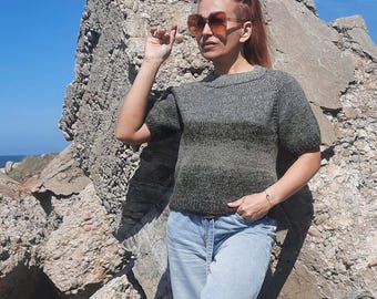 Hand Knitted Cropped Sweater Olive Green Boho Pullover Cotton Cashmere Blend