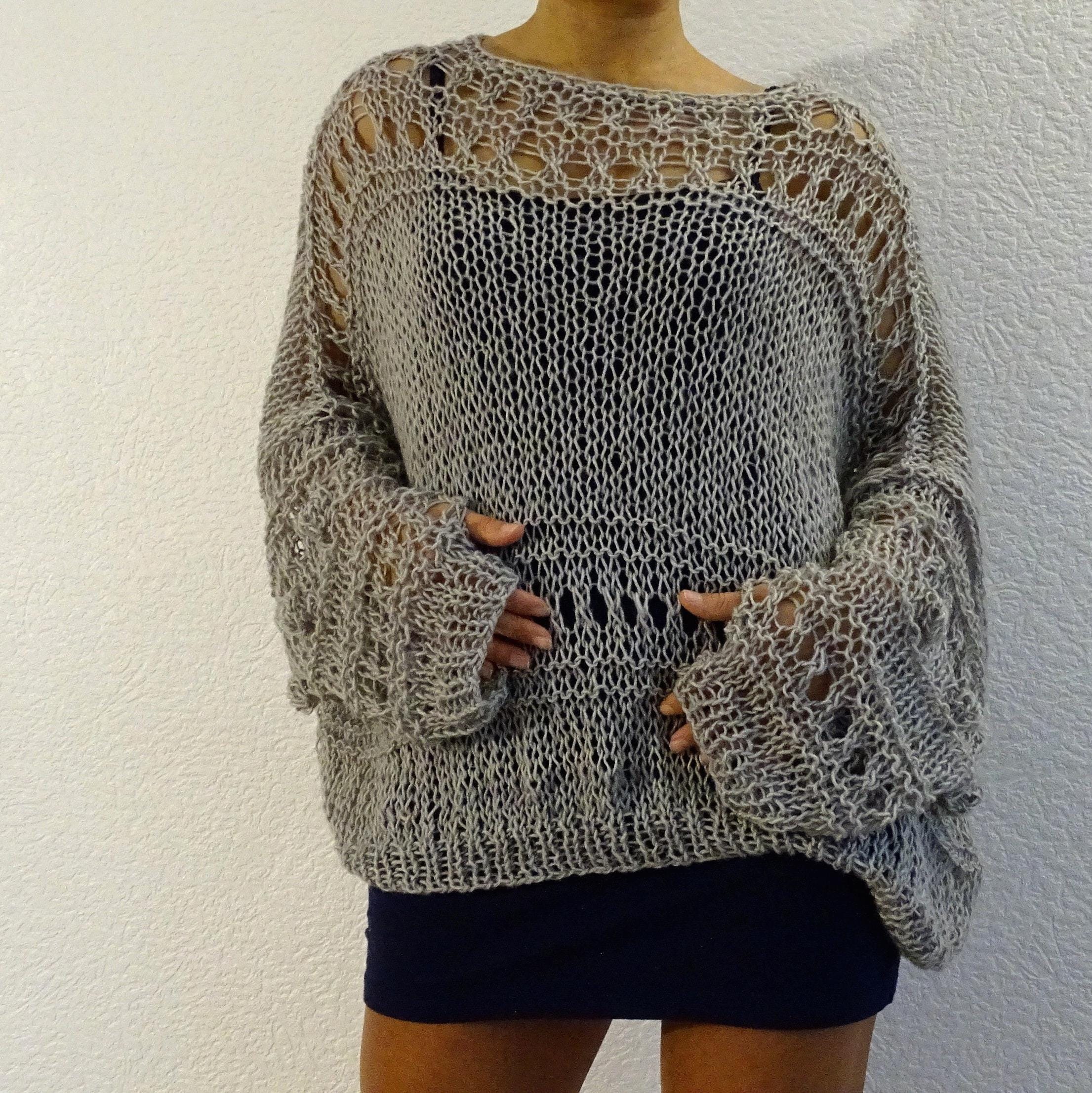 Grey Sheer Sweater Mesh Loose Knit Slouchy Long Sleeves