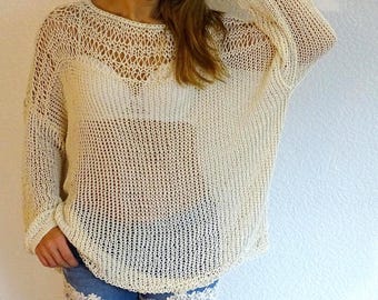 Off White Loose Knit Sweater Mesh Sweater Tunic See Through