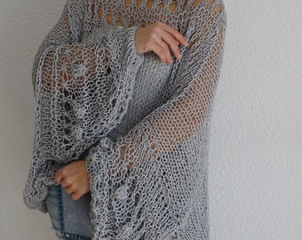 Mesh Pearl gray loose sweater, Knit boho style slouchy oversized sweater mesh, Loose fit summer tunic sweater, Organic cotton, Made to order