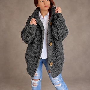 Dark Grey Chunky Cardigan, Oversized Wool Alpaca Hand Knit Jacket in Two Lengths