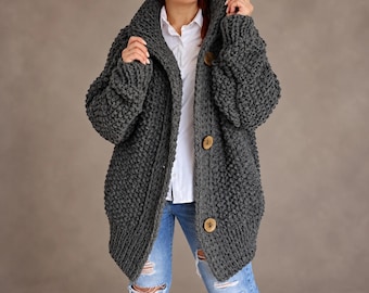 Dark Grey Chunky Cardigan, Oversized Wool Alpaca Hand Knit Jacket in Two Lengths