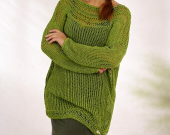 Apple Green Knit Sheer Mesh Sweater | Oversized Boho Style Women's Pullover | Summer Beach Top