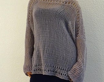 Hand Knitted Cotton Sweater Loose Knit Mesh Pullover Slouchy
