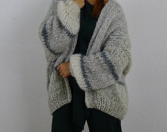 Hand knitted mohair wool slouchy oversized loose fit women's cardigan, Bulky knit casual bomber wrap sweater cardigan, Made to order