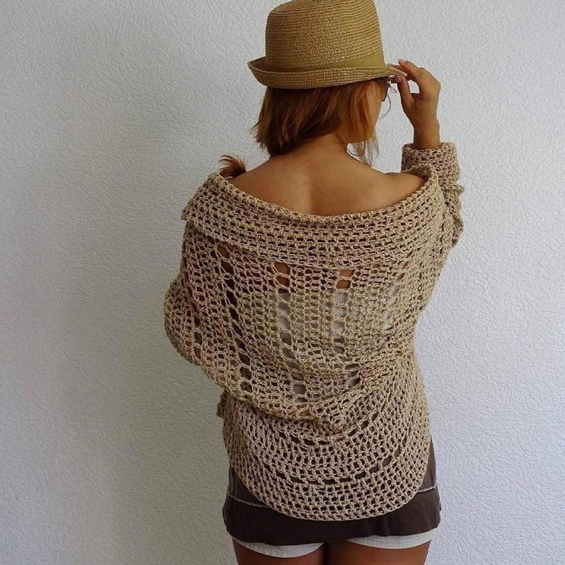 Hand Crocheted Open Front Cardigan Eco Cotton Summer Beach Cover Up Loose Boho Mesh Jacket Sheer Mesh Loose fits bolero Made to order Gift ideas