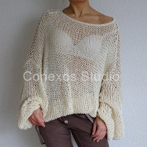 Off white sweater, Loose knit bulky slouchy sweater, Oversized boho style cotton summer sweater, Knit mesh, Made to order