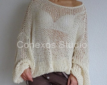 Off white sweater, Loose knit bulky slouchy sweater, Oversized boho style cotton summer sweater, Knit mesh, Made to order