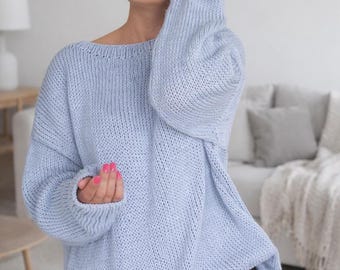 Light Blue Scandinavian Knit Sweater, Minimalist Oversized Pullover, Soft Cozy Nordic Style Women's Jumper