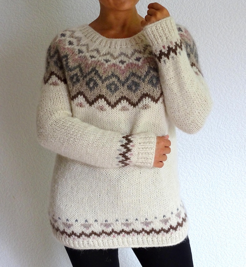 Whether you're heading to a snowy cabin or lounging at home, this sweater brings warmth, beauty, and a touch of Nordic soul.

Material: 
Mix of 65% Peruvian Highland wool and superfine 35% Alpaca wool + superfine brushed alpaca silk - 77% alpaca, 23% silk
The yarn is warm, feels pleasant and holds its shape well.

Measurements:
length 70 cm ( 27.5 '')

MADE TO ORDER!!!
