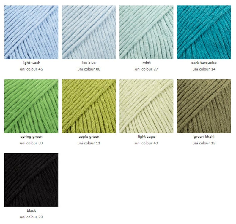 May include: Yarn samples in various colors, including light wash, ice blue, mint, dark turquoise, spring green, apple green, light sage, green khaki, and black. Each sample is labeled with the color name and uni color number.