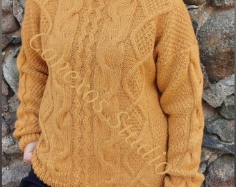 Pull en alpaga tressé, pull Ocker aran, pull en tricot câble tressé, pull Chunky, pull surdimensionné en laine Alpaca (fait sur commande)