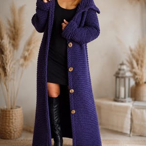 Handgestrickte lila grobstrick Wolle Strickjacke Mantel übergroße Boho Maxi Duster Jacke