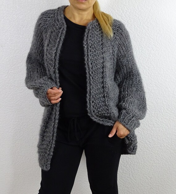 Dunkelgraue Strickjacke, Wolle Mohair sperrige Strickjacke, Strick